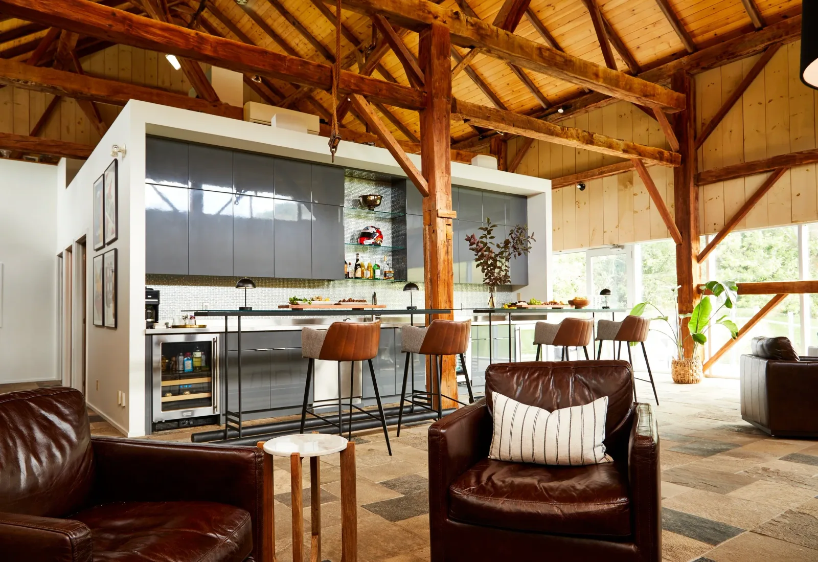 Wooden lounge and bar at The Paddock Motorsport Simulation